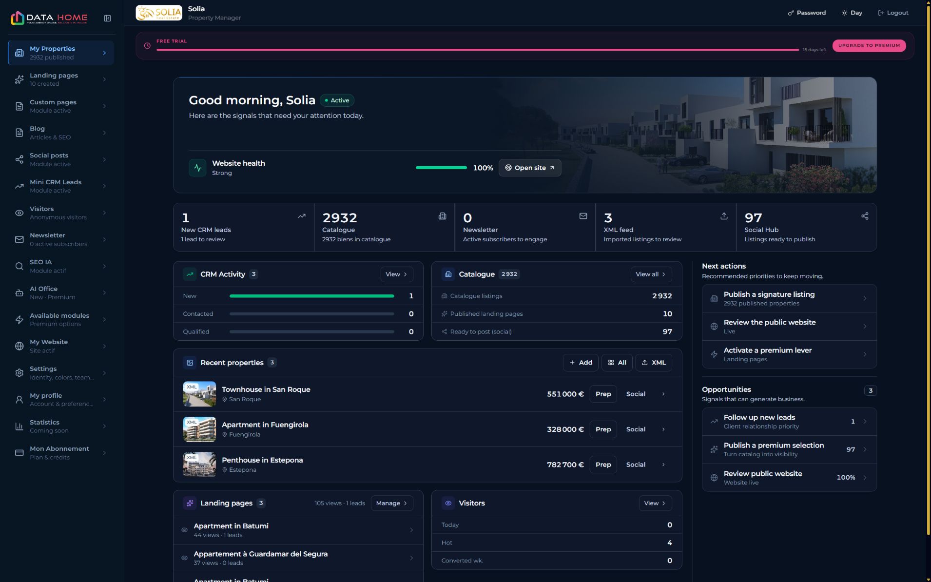 DATAhome Cockpit showing CRM activity, catalogue and publishing actions