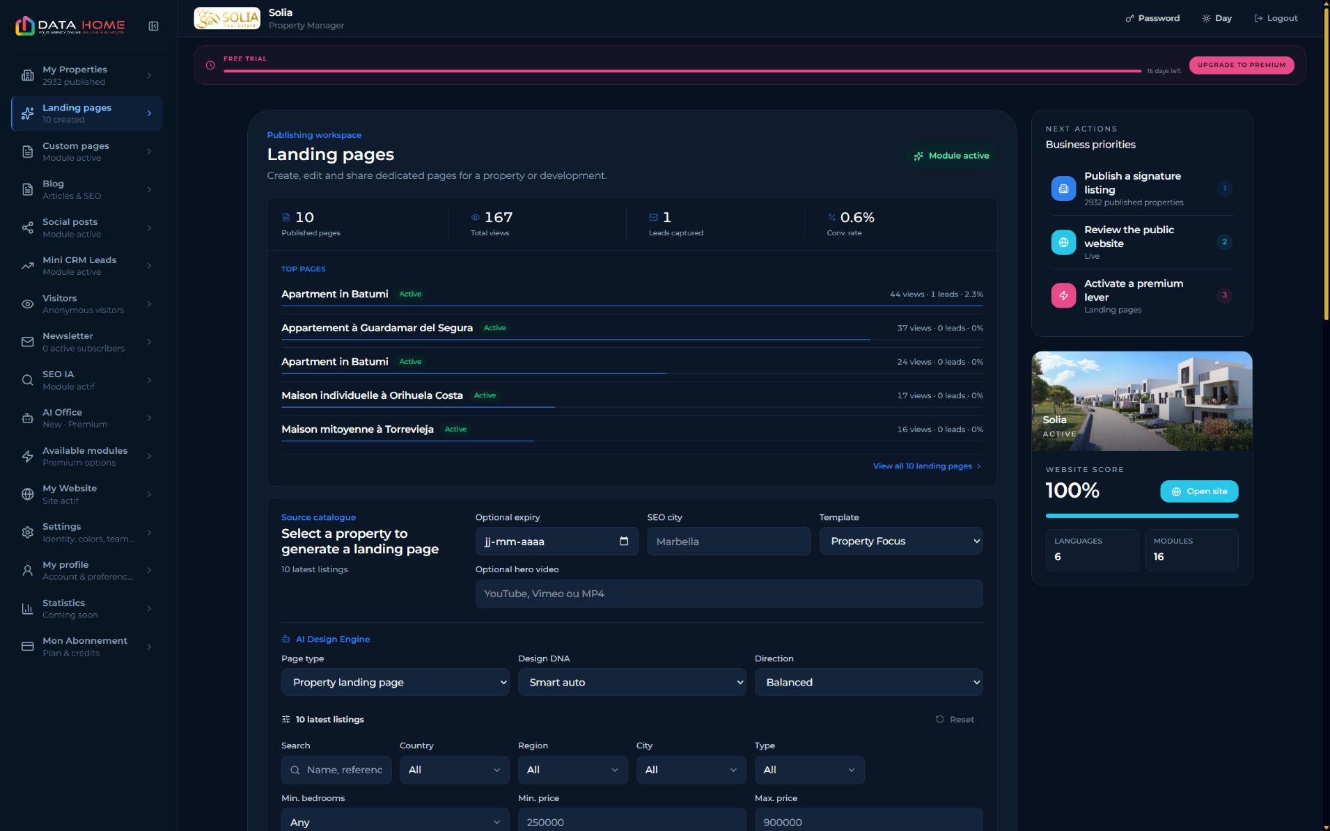 DATAhome Landing Pages manager