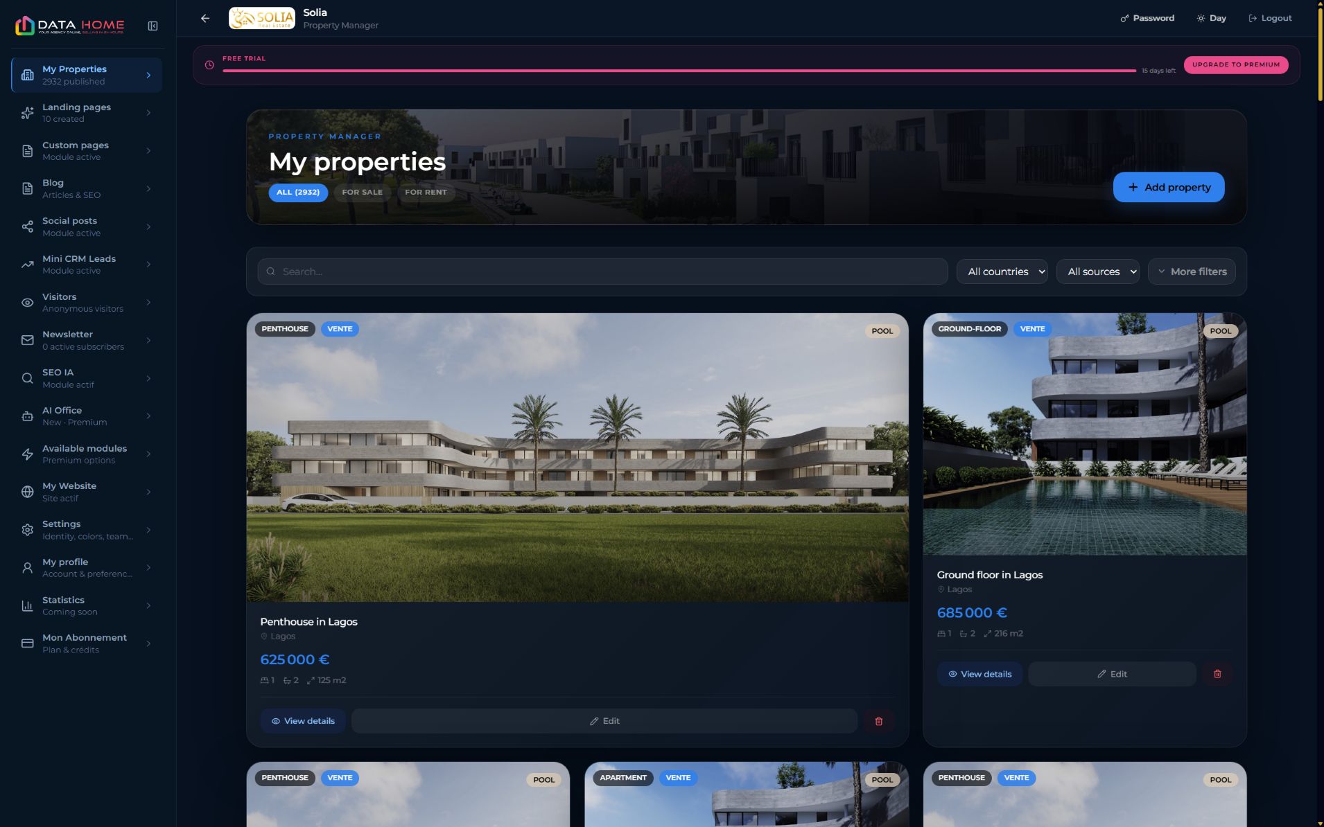 DATAhome Property Manager with sales and rental filters and property listings