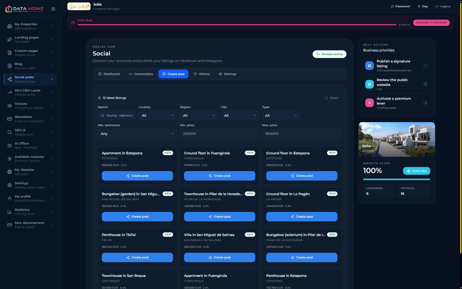 DATAhome Social Hub property selection and Create post controls
